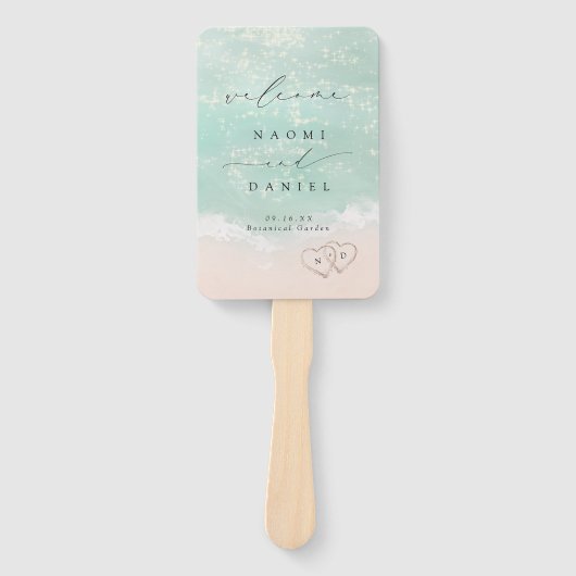 Éventail Script moderne Sand Hearts Beach Wedding Programme (Devant)