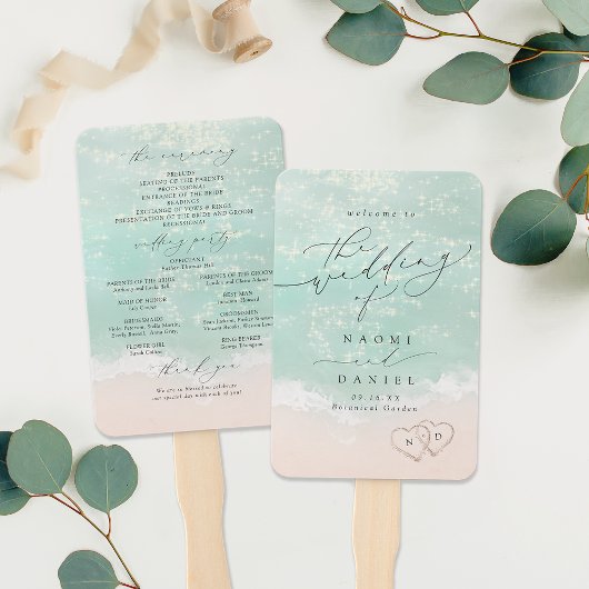 Éventail Script moderne Sand Hearts Beach Wedding Programme