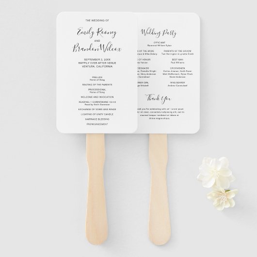 Éventail Script noir et blanc Programme de mariage moderne (Devant et derrière)