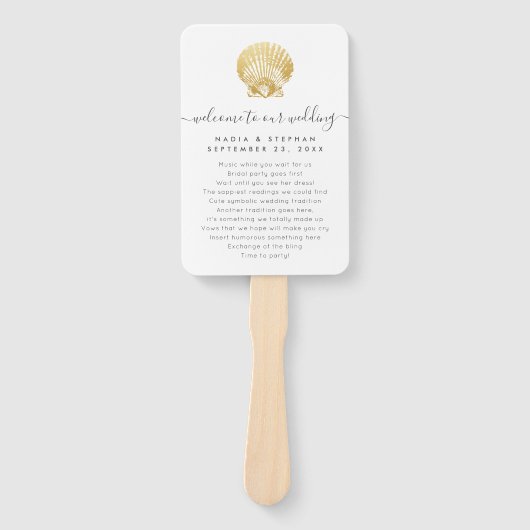 Éventail Seashell Gold Dusty Blue Beach Programme de mariag (Devant)