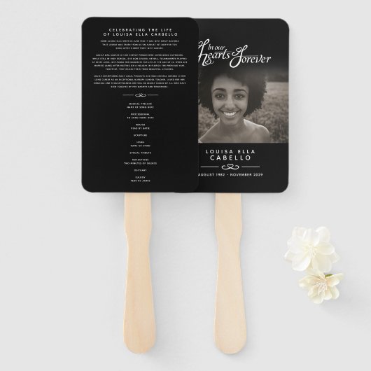 Éventail Service commémoratif de photographie coeurs noir f (Devant et derrière)