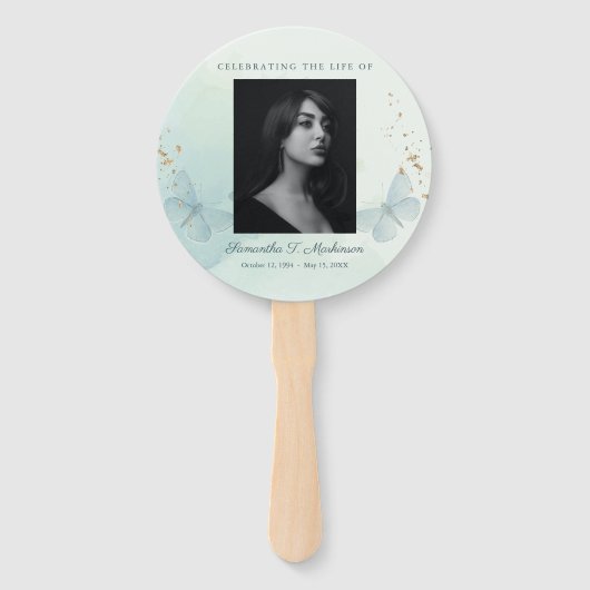 Éventail Services funéraires Papillon à l'aquarelle verte (Devant)