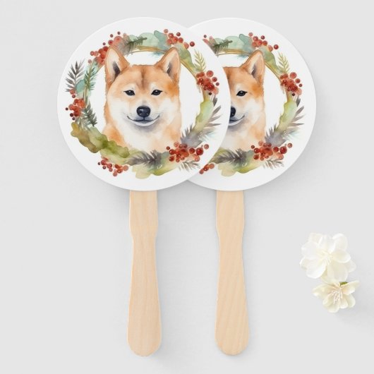 Éventail Shiba Inu Festive de la couronne de Noël Coupe (Devant et derrière)