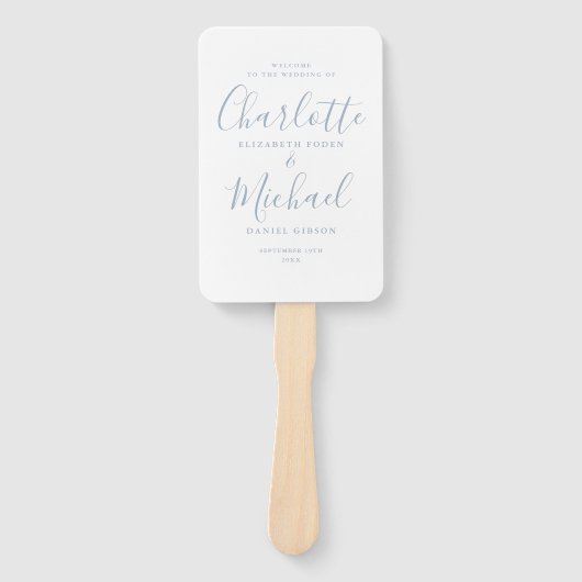 Éventail Signature Script Dusty Blue Wedding Programme (Devant)