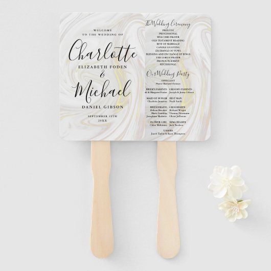 Éventail Signature Script Marble Wedding Programme (Devant et derrière)