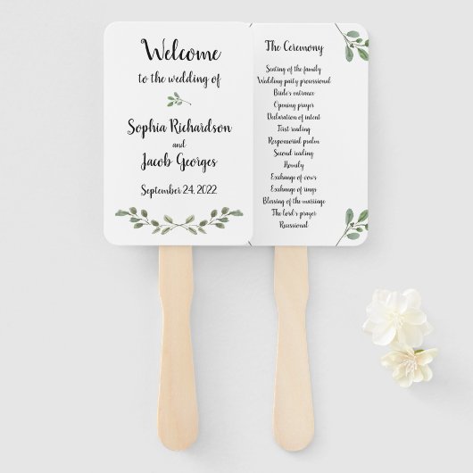 Éventail Simple aquarelle Verdure et Script | MARIAGE (Devant et derrière)