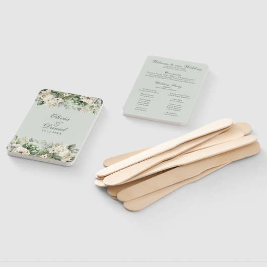 Éventail Soft Sage Green Floral Wedding Program Hand Fan (Non-assemblé)