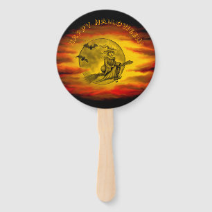 Éventail Sorcière volante avec chat noir, nuit halloween