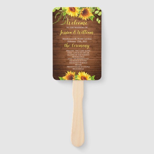 Éventail Sunflower de bois Programme de mariage rustique de (Devant)