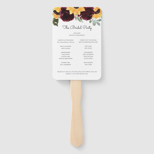 Éventail Sunflower et Rose Programme de mariage rustique (Dos)