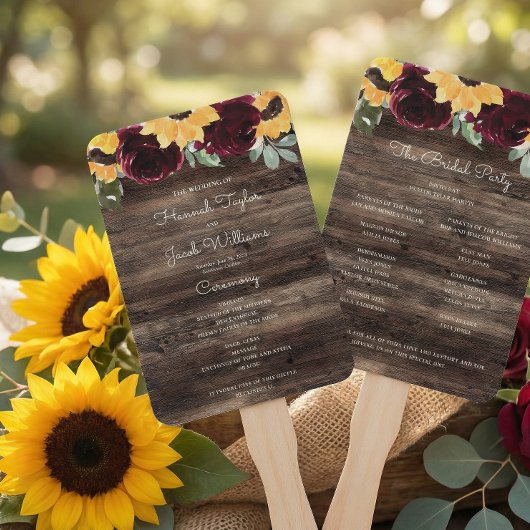 Éventail Sunflower et Rose Rustic Wood Wedding Program