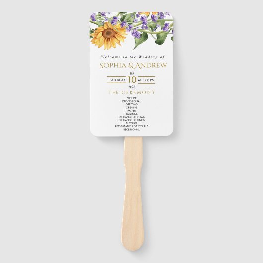 Éventail Sunflowers & Lavander Programme de mariage rustiqu (Devant)
