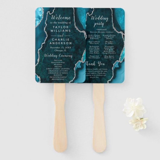 Éventail Teal Blue and Silver Agate Wedding Program (Devant et derrière)
