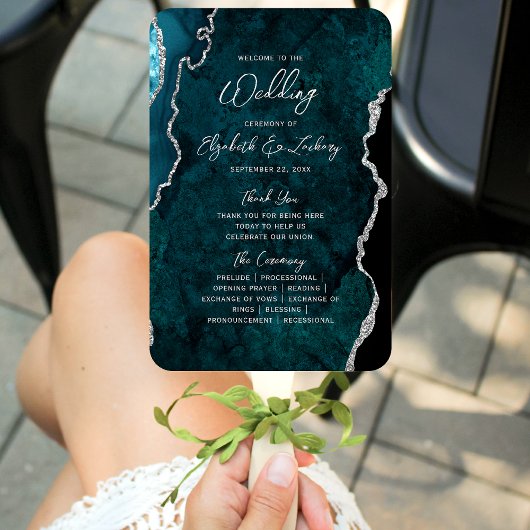 Éventail Teal Blue Silver Agate Script Wedding Program