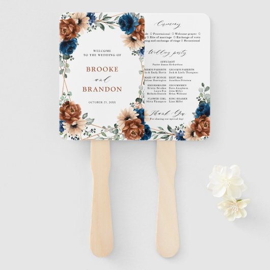 Éventail Terracotta Marine Bleu Vert Mariage géométrique (Devant et derrière)