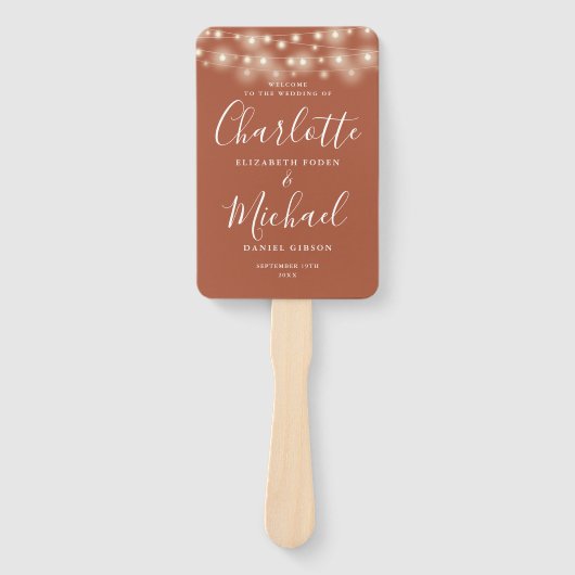 Éventail Terracotta String Lights Script Wedding Programme (Devant)