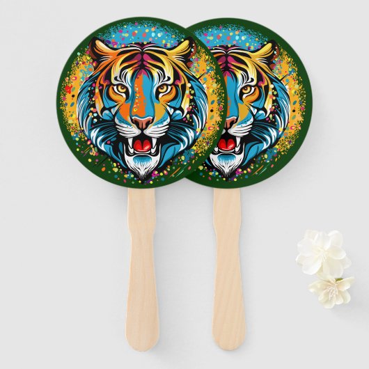 Éventail Tête de tigre couleurs arc-en-ciel peinture taches (Devant et derrière)
