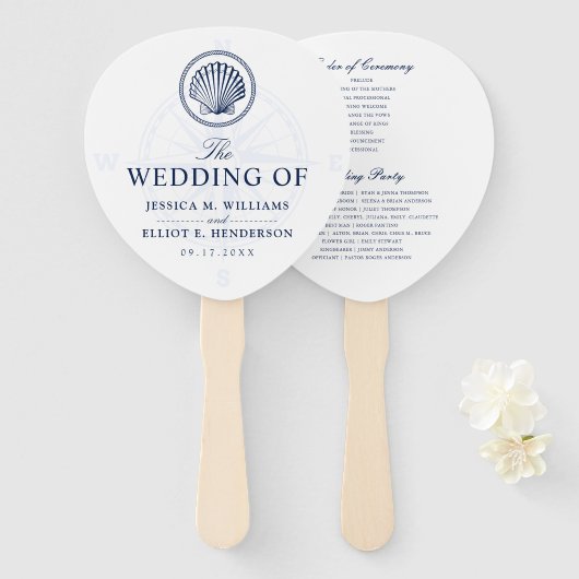 Éventail Thème nautique Mariage Seashell Custom Navy (Devant et derrière)