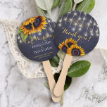Éventail Tournesols rustique marine Chalkboard mariage fave<br><div class="desc">Elégant mariage campagnard rustique faveur merci modèle de ventilateur de main ronde avec de beaux bouquets de tournesols jaune et orange brillants, des cordes de lumières scintillantes et un script de calligraphie faux or chic sur un arrière - plan de tableau bleu marine de minuit foncé. Facile à personnaliser avec...</div>