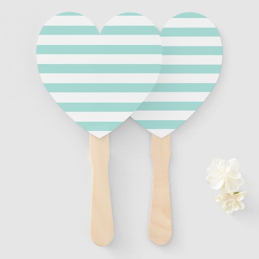 Éventail Turquoise clair et blanc Large Horizontal rayé (Devant et derrière)