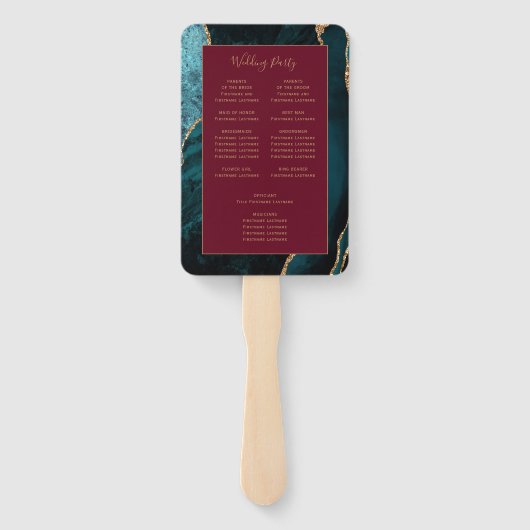 Éventail Turquoise Gold Agate Bourgogne Programme de mariag (Dos)