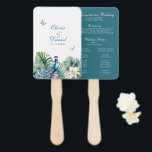 Éventail Turquoise Tropical Flowers Peacock Wedding Program<br><div class="desc">Gardez vos invités cool et élégants avec notre "Fan à main du programme de mariage des fleurs tropicales Turquoises". Ce ventilateur à main unique allie fonctionnalité et élégance, avec un design captivant de plumes de paon turquoises, de fleurs tropicales vibrantes et de feuillage luxuriant. Customisez votre programme de mariage pour...</div>