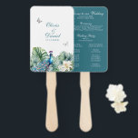 Éventail Turquoise Tropical Flowers Peacock Wedding Program<br><div class="desc">Gardez vos invités cool et élégants avec notre "Fan à main du programme de mariage des fleurs tropicales Turquoises". Ce ventilateur à main unique allie fonctionnalité et élégance, avec un design captivant de plumes de paon turquoises, de fleurs tropicales vibrantes et de feuillage luxuriant. Customisez votre programme de mariage pour...</div>