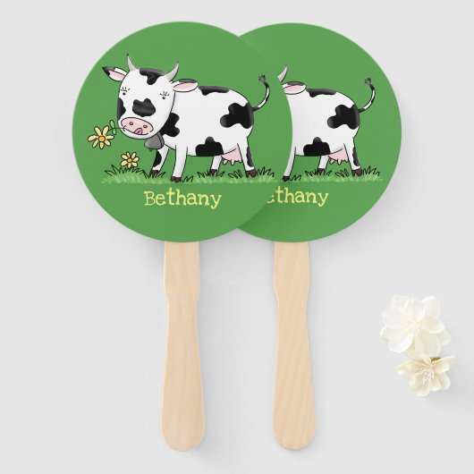 Éventail Vache mignonne en vert dessin animé sur le terrain (Devant et derrière)