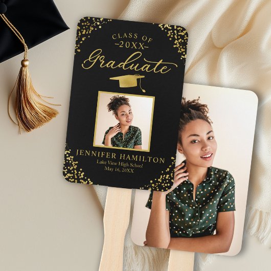 Éventail Ventilateur à main Black Gold Confetti 2 Photo Gra