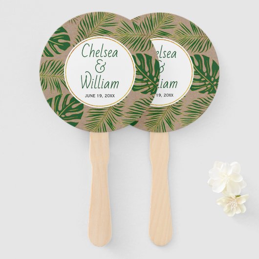 Éventail Ventilateur de main rustique feuille mariage d'or  (Devant et derrière)