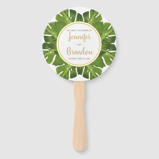 Éventail Ventilateur de programme de mariage tropical et or (Devant)