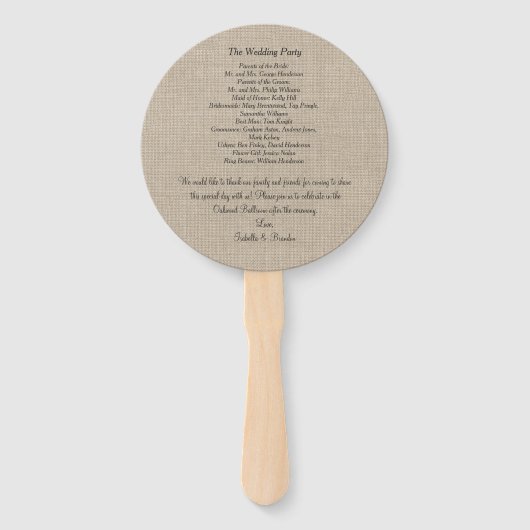 Éventail Ventilateur du programme de mariage Burlap (Dos)