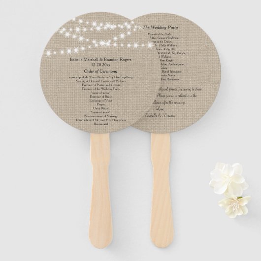 Éventail Ventilateur du programme de mariage Burlap (Devant et derrière)