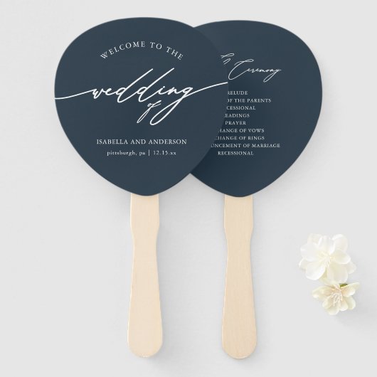 Éventail Ventilateur du programme de mariage chic bleu fonc (Devant et derrière)