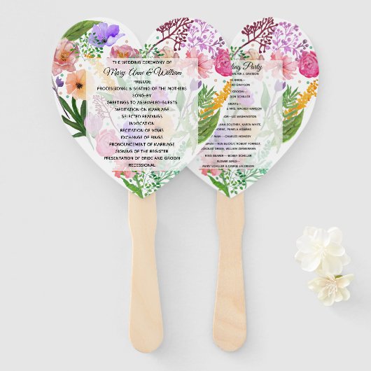 Éventail Ventilateur du programme de mariage du coeur flora (Devant et derrière)