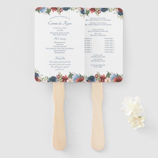 Éventail Ventilateur du programme de mariage floral bordeau (Devant et derrière)