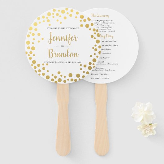 Éventail Ventilateur du programme de mariage rond Gold conf (Devant et derrière)