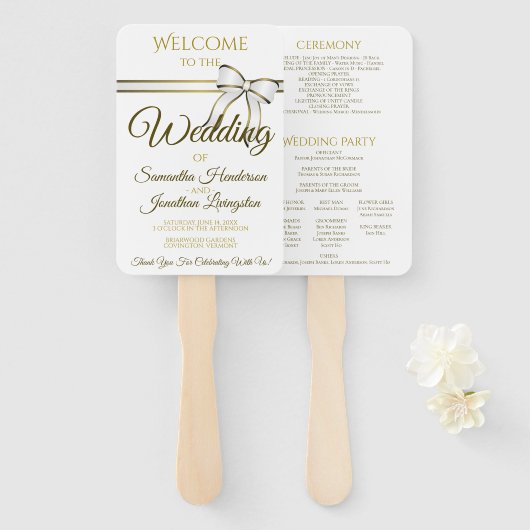 Éventail Ventilateurs de Mariage blanc et or avec programme (Devant et derrière)