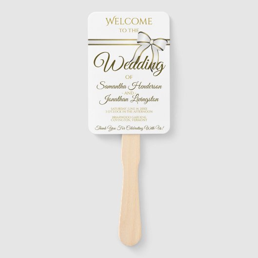 Éventail Ventilateurs de Mariage blanc et or avec programme (Devant)