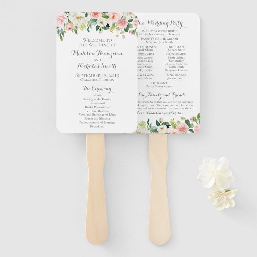 Éventail Ventilateurs du programme de mariage rose et blanc (Devant et derrière)