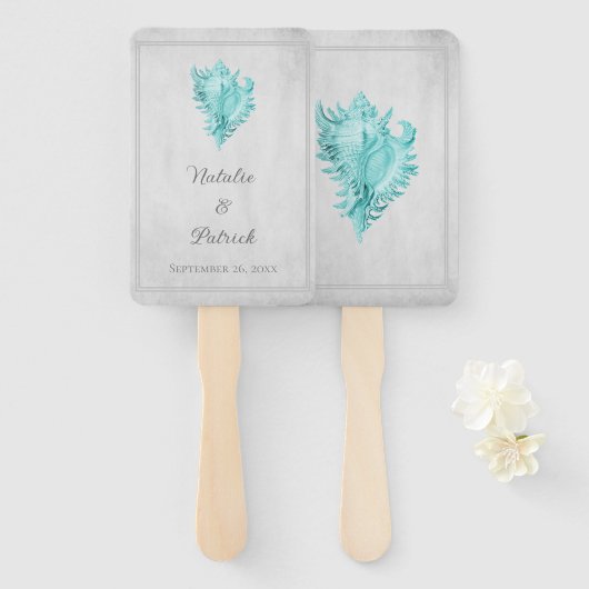 Éventail Ventilateurs main Mariage turquoise Conch Shell (Devant et derrière)