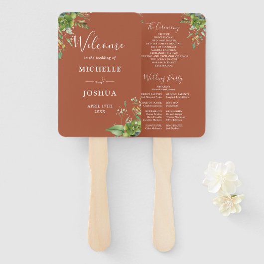 Éventail Vert Floral Élégant Programme de mariage en terre (Devant et derrière)