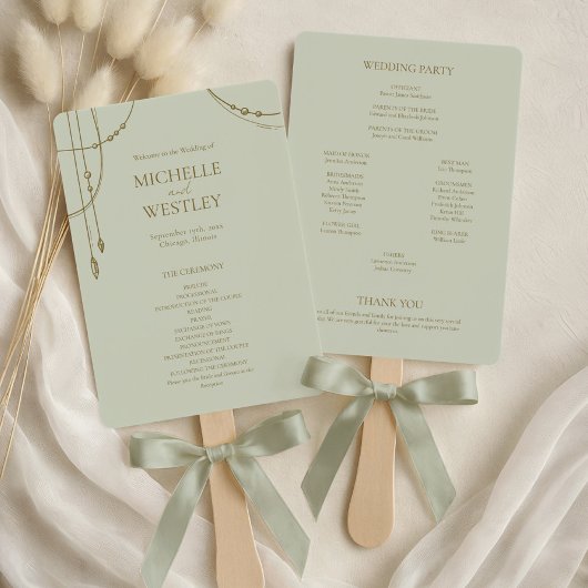 Éventail Vert sauge clair Boho drapé perlé Mariage