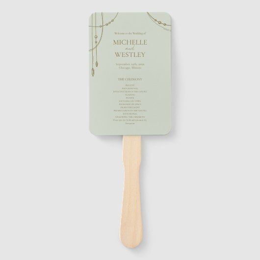 Éventail Vert sauge clair mariage bohème drapé perlé (Devant)