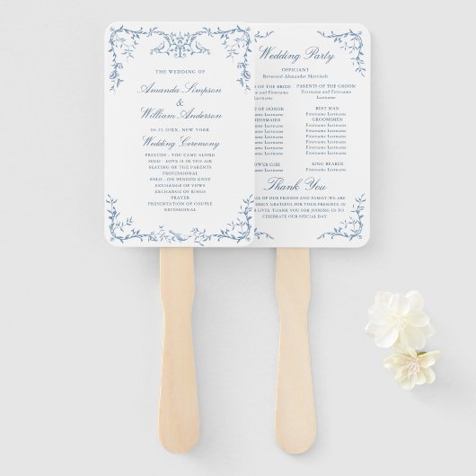 Éventail Victorian Ornate Blue Floral Wedding Programme (Devant et derrière)