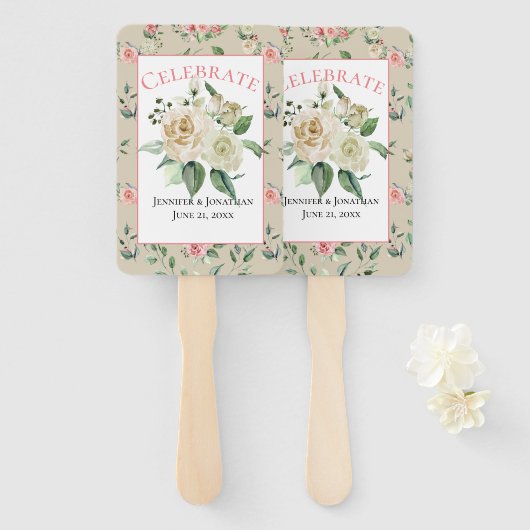 Éventail Victorien vintage avec Mariage Roses Blanches (Devant et derrière)