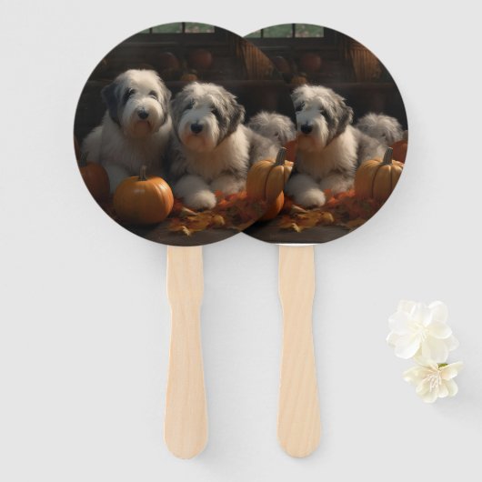 Éventail Vieux anglais Sheepdog Chiot Chiot Automne Citroui (Devant et derrière)