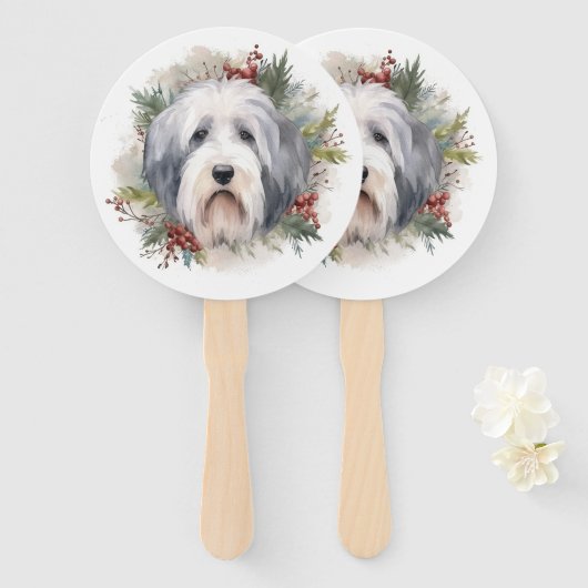 Éventail Vieux anglais Sheepdog Christmas Wreath Festive Pu