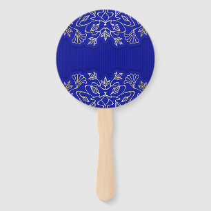 Éventail vintage, bleu royal, damassé, or, motif, élégan