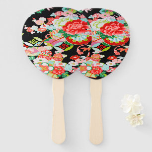 Éventail Vintage noir rouge japonais Kimono fleurs florales